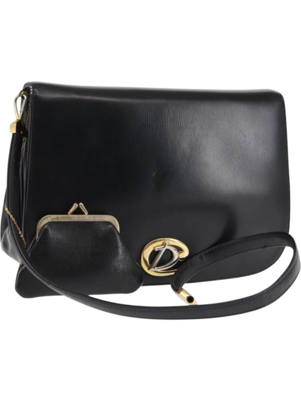 Christian Dior Shoulder Bag Leather Black Gold